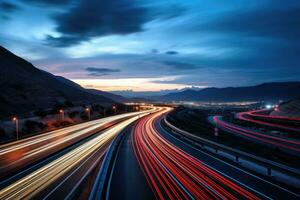 AI generated Long exposure of car light trails on the highway at night in Shenzhen, China, A long exposure photo of a highway at night, AI Generated