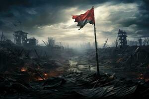 AI generated Danger and disaster concept. Red flag of the Netherlands against the background of a destroyed city at night, A lonely waving flag in a battlefield filled with damaged building photo