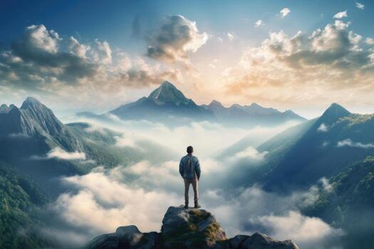 AI generated Man standing on the top of a mountain and looking at the sunset, A lonely man enjoys the view of the summer mountains while he standing on a mountain peak, AI Generated photo