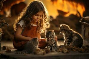 AI generated Little girl playing with kittens in the fireplace. Children play with pets, A heartwarming scene of a little girl playing with her cute kittens, AI Generated photo