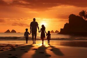 AI generated happy family with two kids walking on beach at beautiful sunset or sunrise, A happy family in walks hand in hand down a paradise beach during sunset, AI Generated photo