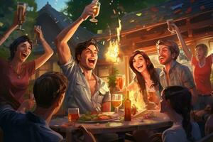 ai generado grupo de amigos teniendo divertido a un verano fiesta, aplausos y teniendo divertido, un grupo de amigos tostado con cerveza a un verano barbacoa, ai generado foto