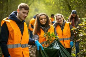 AI generated Ecology concept - group of volunteers with garbage bags in the forest, A group of cheerful volunteers, young and old, works together to clean up the environment, AI Generated photo