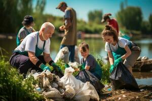 ai generado grupo de voluntarios coleccionar basura en lago costa. selectivo atención en hombre, un grupo de alegre voluntarios, joven y viejo, trabajos juntos a limpiar arriba el ambiente, ai generado foto