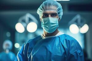 AI generated Portrait of surgeon in operation room at hospital. Surgeon in operation room, A focused doctor in scrubs and mask stands in an operating room, AI Generated photo