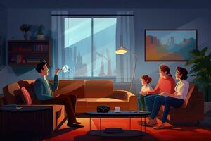 ai generado familia jugando vídeo juegos en vivo habitación a hogar vector ilustración. padres y niños sentado en sofá, acecho película, jugando vídeo juegos juntos, gasto ocio hora juntos foto