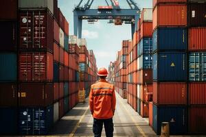 ai generado retrato de un trabajador vistiendo la seguridad casco en pie en frente de envase Terminal, un trabajador portuario a el Puerto mira a el contenedores, ai generado foto