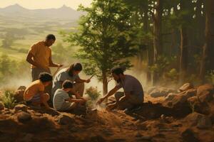 AI generated A group of young people camping in the forest, hong kong, A diverse family honors a loved one's memory by jointly planting a tree in a serene forest, AI Generated photo