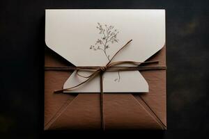 AI generated Envelope with a gift on a dark background with a bow, a beautifully designed wedding invitation enveloped in minimalist style, AI Generated photo