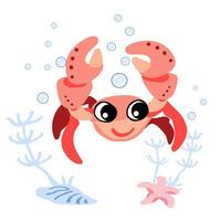 Cute sea crab with bubbles, starfish and seaweed underwater vector