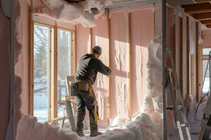 ai generado trabajador a trabajo en el construcción de un casa en el invierno, un construcción personal instalando aislamiento en el paredes de un residencial propiedad, ai generado foto