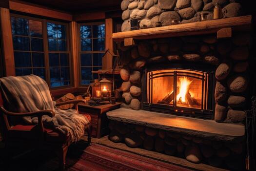 AI generated Interior of a country house in the mountains at night with a fireplace, A cozy, lit fireplace in a cabin,  AI Generated photo