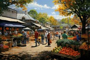 AI generated Unidentified people in the autumn market, A bustling farmer's market scene with a diversity of vendors and customers, AI Generated photo