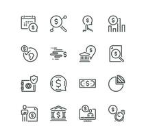 Set of banking and finance icons, financial report, mortgage inspection, bank safe, money saving and linear variety vectors. vector