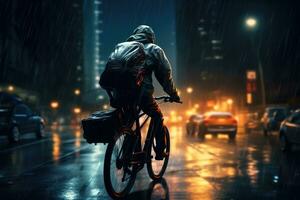 AI generated Cyclist in raincoat riding bicycle on wet street at night, A courier rides a bicycle through a rainy evening or night city, AI Generated photo