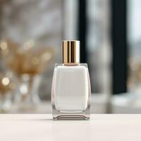 AI generated cosmetic bottle with blank front, realistic on a mockup template in a table photo