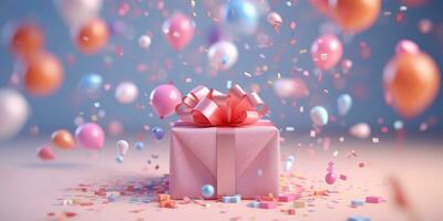 AI generated confettis and balloons surround a pink present, photo