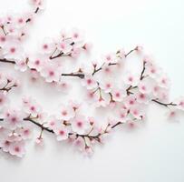 AI generated colorful pink blossoming cherry blossom branches shot against a white background, photo