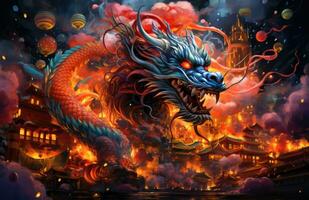 AI generated chinese dragon and red lanterns with fireworks in the background, photo