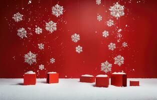 AI generated christmas holiday decoration snowflakes falling on red background, photo