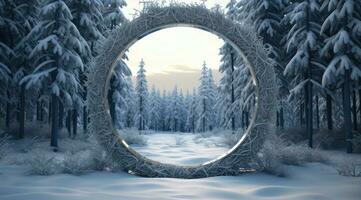 AI generated christmas frame in forest with snowflakes, photo