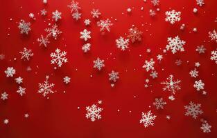 AI generated christmas snowflakes falling in red background with white snowflakes falling, photo