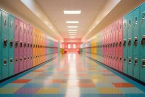 ai generado fila de vistoso casilleros en un colegio corredor. 3d representación, un vistoso colegio pasillo con casilleros capturado a amanecer antes de colegio empieza, ai generado foto