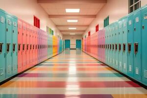 ai generado 3d hacer de un colegio corredor con casilleros en brillante colores, un vistoso colegio pasillo con casilleros capturado a amanecer antes de colegio empieza, ai generado foto