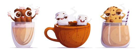 A set of three cartoon sweets floating in hot drinks. Emotional characters. Chocolate plays foam in a glass of cappuccino. Marshmallows relax in a cup of cocoa. The cookie relaxes in a mochaccino. vector