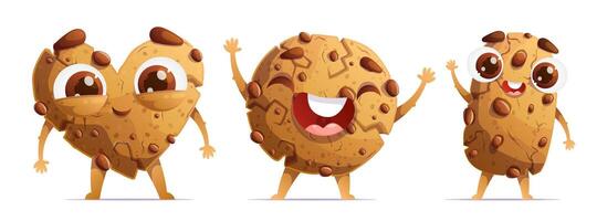 A set of three cute cartoon chocolate cookies. Emotional characters, detailed traditional chocolate chip cookies, showing cuteness, joy and greeting. vector