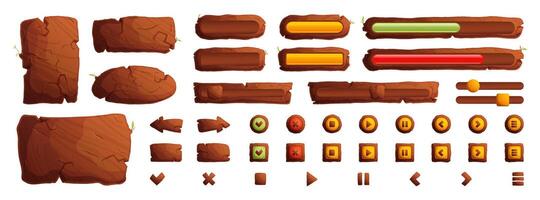 Wooden buttons and boards for game UI, GUI elements isolated on white background. cartoon set of brown wooden banners, menu buttons and arrows for mobile game vector
