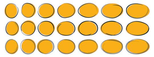 Set of hand drawn ovals and circles with a yellow background. Ovals of different widths. Select the circle frames. Ellipses in doodle style. vector