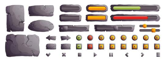 Stone buttons and boards for game UI, GUI elements isolated on white background. cartoon set of gray stone banners, menu buttons and arrows for mobile game vector