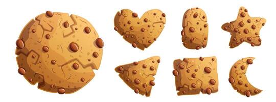 Traditional chocolate cookies in different forms. Round, triangular, square, star and heart shaped chocolate cookies. Set of detailed cartoon illustrations. vector