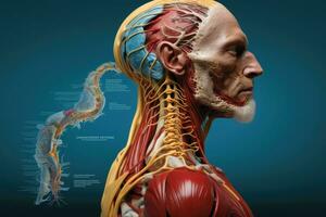 ai generado conceptual anatomía humano cuerpo con sangre vasos en azul fondo, 3d ilustrado humano cuerpo, ai generado foto