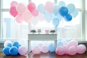 ai generado vistoso globos y pastel en mesa en vivo habitación a hogar, un vistoso género revelar con rosado y azul globos en un mesa, ai generado foto