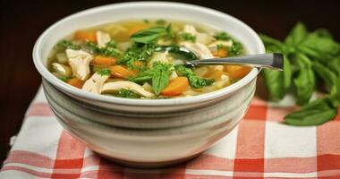 AI generated Nourishing Delights. The Wholesome Goodness of a Bowl of Vegetable Chicken Soup photo