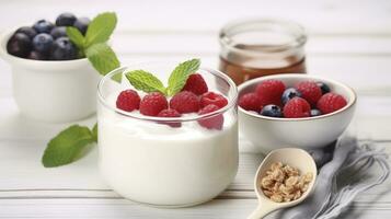 AI generated The Wholesome Experience of Fresh Yogurt on a White Table, Perfect for Probiotic Needs photo