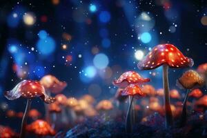 ai generado magia hongos en el bosque. 3d ilustración. naturaleza fondo, 3d ilustración de un resumen antecedentes con bokeh luces y hongos, ai generado foto