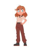 A red haired teenage girl in a beige and brown school uniform. The student is posing. Cartoon vector style.