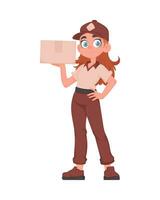 Adorable Delivery Girl with Parcel in Vector Cartoon Style. Female Courier in Beige and Brown Uniform Holding Paper Box. Fast and Reliable Goods Delivery Concept.