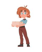 Smiling Delivery Girl with Package in Blue Uniform. Cheerful Female Courier Holding Paper Box. Vector Cartoon Illustration.