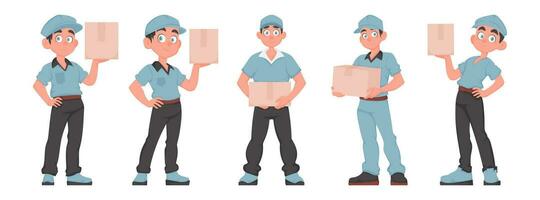 Set of 5 Adorable Male Courier Characters Holding Packages. Delivery Men in Blue Uniforms. Express Shipping Service Concept in Cartoon Style. vector