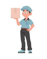 Cheerful Delivery Man with Parcel in Cartoon Vector Style. Smiling Male Courier in Blue Uniform Holding Paper Box. Express Delivery Concept.