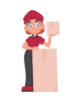 Smiling Delivery Woman in Red Uniform Holding a Paper Box. Cute Girl Delivering Goods in Cartoon Style. vector