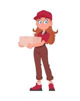 sonriente entrega mujer en rojo uniforme participación un papel caja. linda niña entregando bienes en vector dibujos animados estilo.