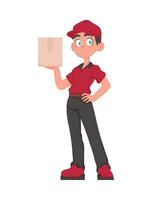 sonriente repartidor con parcela. simpático mensajero en rojo uniforme participación un papel caja. vector dibujos animados ilustración.