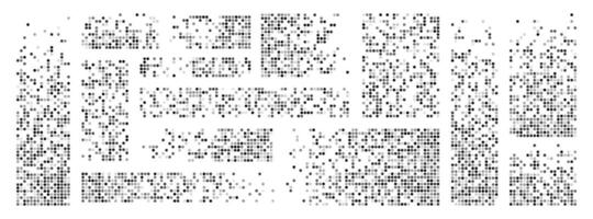 Pixel background decay with random transparency of round elements. Scattered dotted pattern. Decay effect. Set pixel mosaic textures with simple round particles. Vector on a white background.