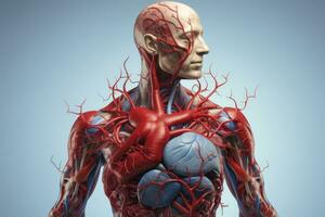 AI generated Human heart with circulatory system on a blue background. 3d illustration, 3d medical illustration of a man's cardiovascular system, AI Generated photo