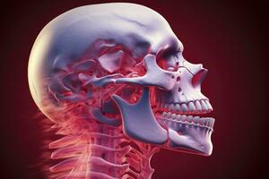 AI generated Human skeleton anatomy with highlighted skull, 3d render, medical illustration, 3d medical illustration of a man's skull and cervical spine, jaw pain, AI Generated photo